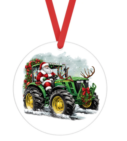 Santa Riding Tractor - Sublimation Ornament Transfers