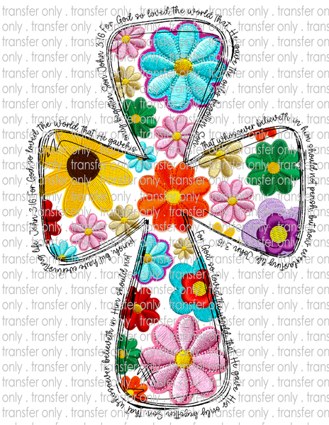 Floral Cross Faux Embroidery - Waterslide, Sublimation Transfers