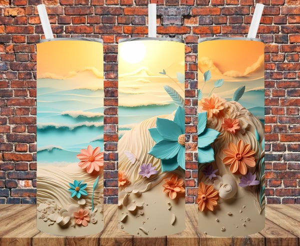 3D Effect Beach Scene- Tumbler Wrap - Sublimation Transfers