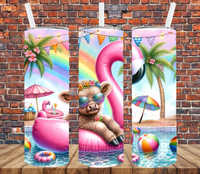 Shaggy Cow on Flamingo Float - Tumbler Wrap - Sublimation Transfers