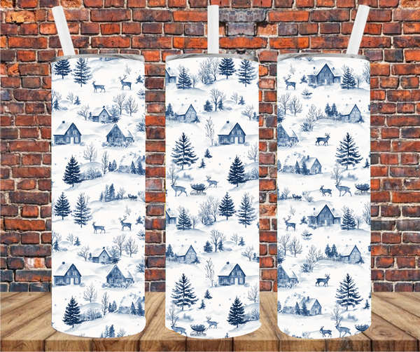 Delft Snowy Cabin & Deer - Tumbler Wraps - Sublimation Transfers