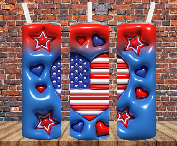 Patriotic Heart - Puff Inflated Effect - Tumbler Wrap - Sublimation Transfers