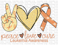 Peace Love Leukemia Awareness - Waterslide, Sublimation Transfers