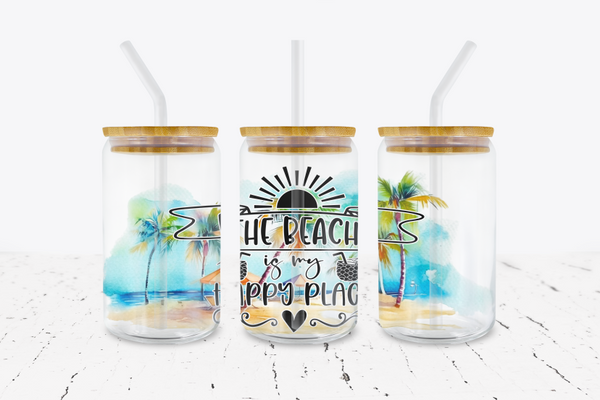The Beach Is My Happy Place - 16 oz Libbey Glass Can Wrap
