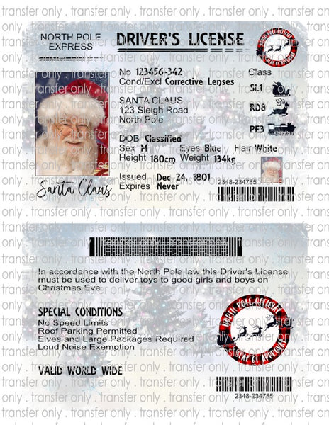 Santa License - Waterslide, Sublimation Transfers