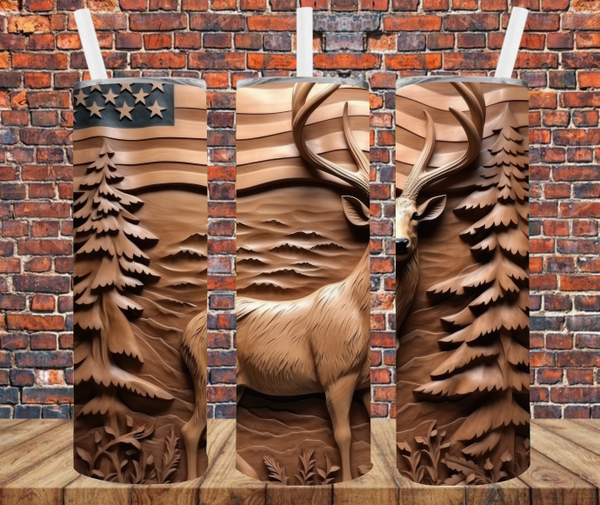 Carved Deer & Flag - 3D Effect - Tumbler Wrap - Sublimation Transfers